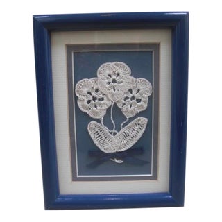 1980s Blue Framed Handmade Crochet Flowers For Sale