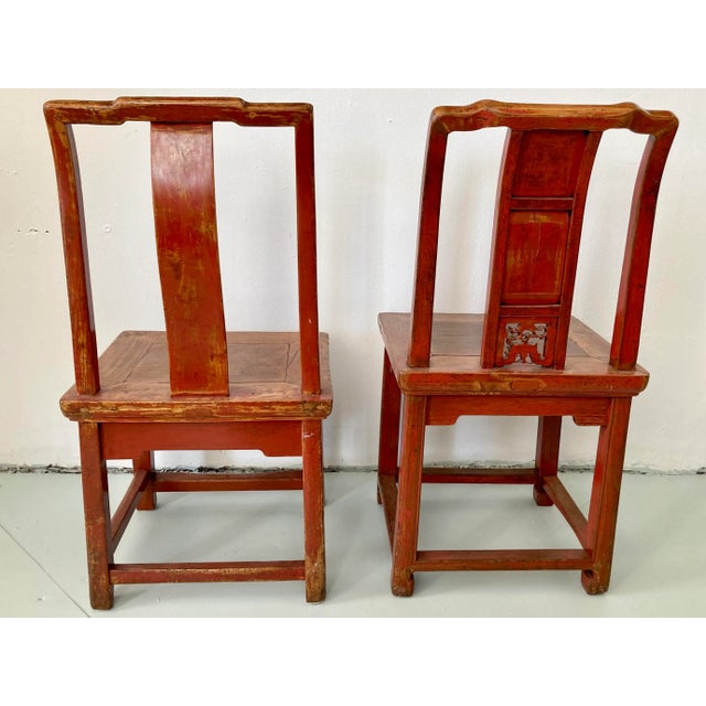 Wood Chinese Red Side Chairs - a Pair For Sale - Image 4 of 11