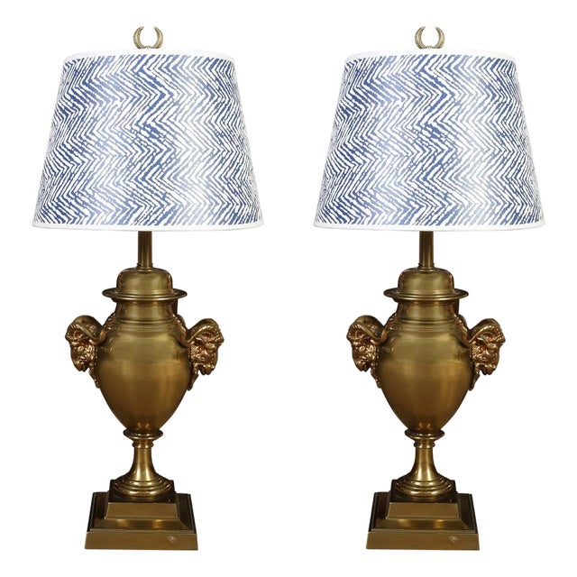 Pair of Vintage Brass Rams Head Handle Table Lamps For Sale
