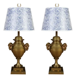 Pair of Vintage Brass Rams Head Handle Table Lamps