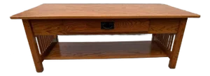 Arts and Crafts Style Solid Oak Oak 2 Tier Coffee Table With Drawer by CVW Amish Furniture Builder.
