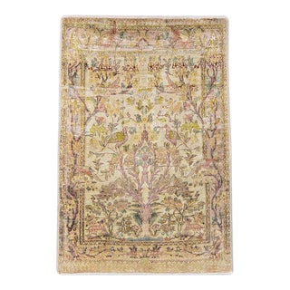 Vintage Distressed Handmade Beige Floral Wool Rug For Sale