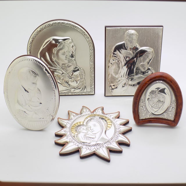 1980s 5 X Vintage Italian Handmade Silver Plate and Silver Sheet With Wood (Lamina) Sacred Bedside Icons For Sale - Image 5 of 17