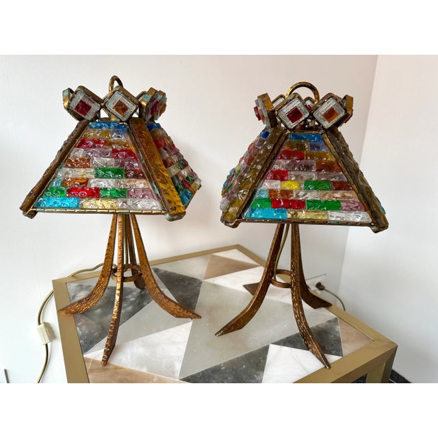 Pair of Hammered Glass Gilt Wrought Iron Lamps by Longobard, Italy, 1970s For Sale - Image 11 of 13