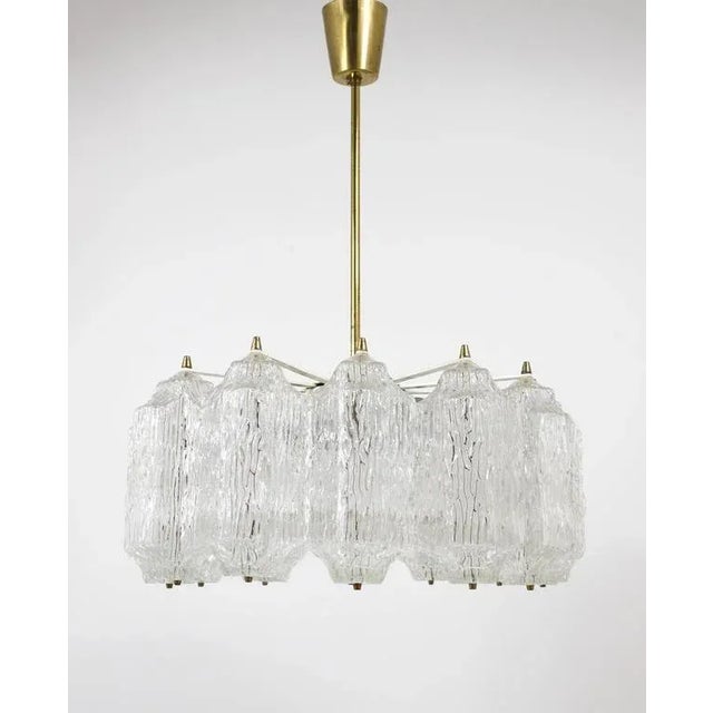 Brass Chandelier with Textured Ice Glass attributed to J. T. Kalmar for Kalmar, Austria, 1950s For Sale - Image 3 of 11