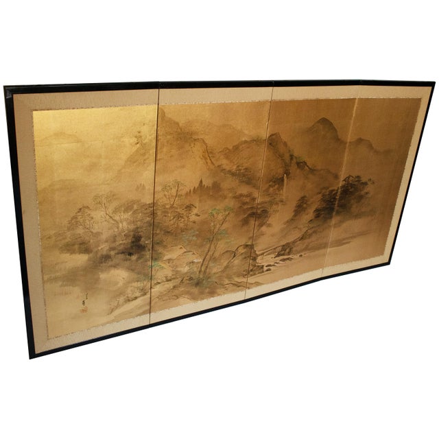 Elegant vintage Japanese 4-panel folding painted Byobu (screen) depicts a graceful landscape with mountains, trees, river,...