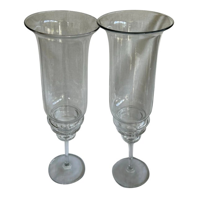 1990s Clear Glass Candleholders With Chimney Set of 2 For Sale