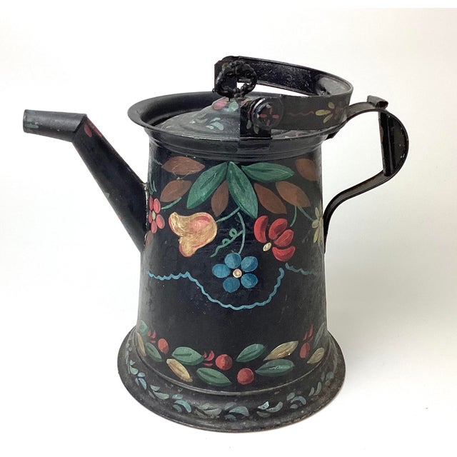 Large Antique Black Hand Painted Toleware Coffee Pot For Sale - Image 4 of 8
