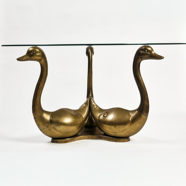 1970s Vintage Brass Swan Coffee Table With Round Glass Top For Sale - Image 5 of 14