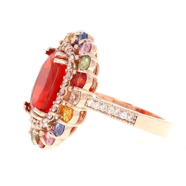 7.39 Carat Fire Opal Sapphire Diamond Rose Gold Cocktail Ring Size 7 For Sale - Image 4 of 7
