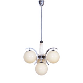 Bauhaus Chandelier in Chrome-Plated Steel and Opaline Glass, Czech, 1920s For Sale