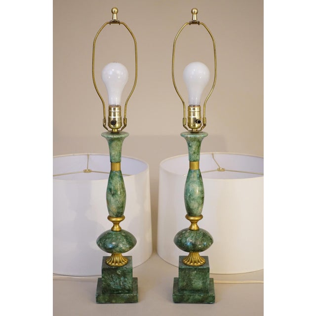 Matching Pair Large Neoclassic Hollywood Regency Modern Green Malachite Marble Urn Style Column Table Lamps 1960's Italy For Sale - Image 12 of 12