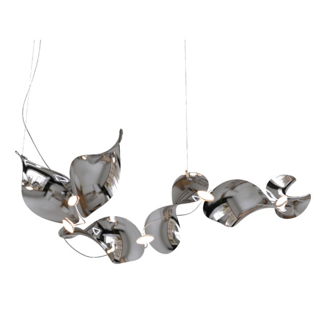 Dune 6 Curve Chandelier with Silver Hand Polished Shades by Daniel Becker for Moss Objects For Sale