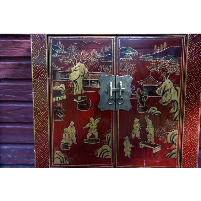 Red Rare Pair of 19th Century Chinese Red Lacquer Chinoiserie Cabinets For Sale - Image 8 of 16