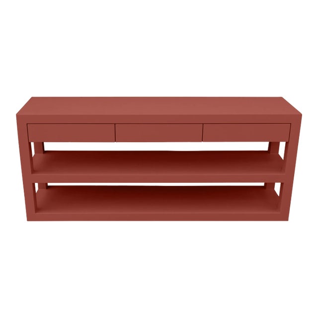 Two-Tier Linen-Raffia Wrapped Console Table With Storage Drawers in Warm Sienna For Sale