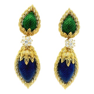 1970s Spritzer & Fuhrmann French Guilloché Enamel Diamond Earrings, Pair For Sale