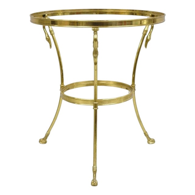 Late 20th Century Italian Hollywood Regency Brass Swan Tripod 2 Tier Round Occasional Side Table For Sale