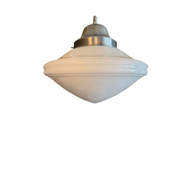 1920s Art Deco Milkglass on Hanging Rod Pendant Sloped Ceiling Light For Sale - Image 4 of 5