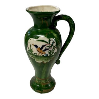 Early Green Pottery Vase, Pitcher With a Mallard Duck For Sale