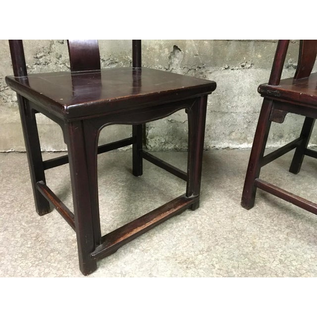 Pair of Antique Chinese Yoke-Back “Official’s Hat” Chairs — Elmwood or Cypress, Oxblood Lacquer Finish For Sale - Image 4 of 10