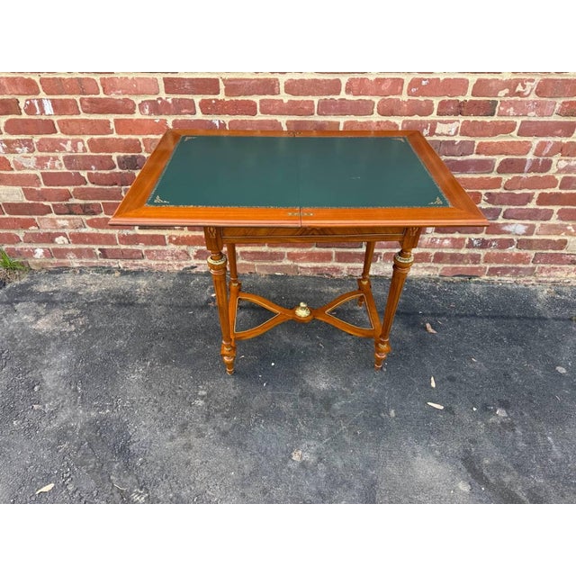 Late 20th Century Vintage Louis XvI Style Marquetry Stretcher Base Brass Mounted Floral Inlaid Card Table For Sale - Image 5 of 16