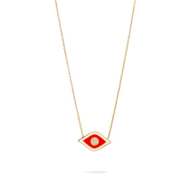 Contemporary Vivid Orange Enamel Evil Eye Pendant Gold & Diamond Necklace For Sale - Image 3 of 7