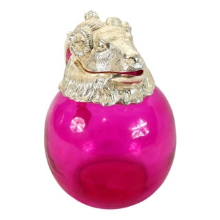 Pink Glass Rams Head Claret Jug Decanter with Silver Plated Mounts For Sale
