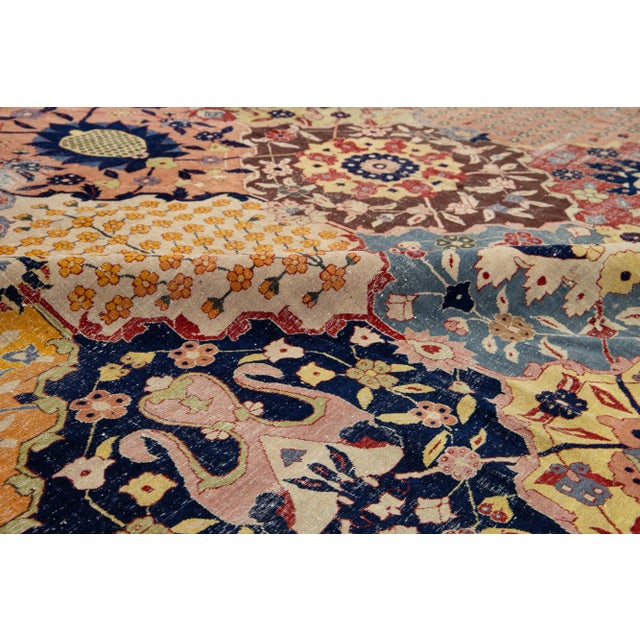 Yellow Antique Multicolor Wool Rug Persian Tabriz Allover Designed From the 1900s For Sale - Image 8 of 9