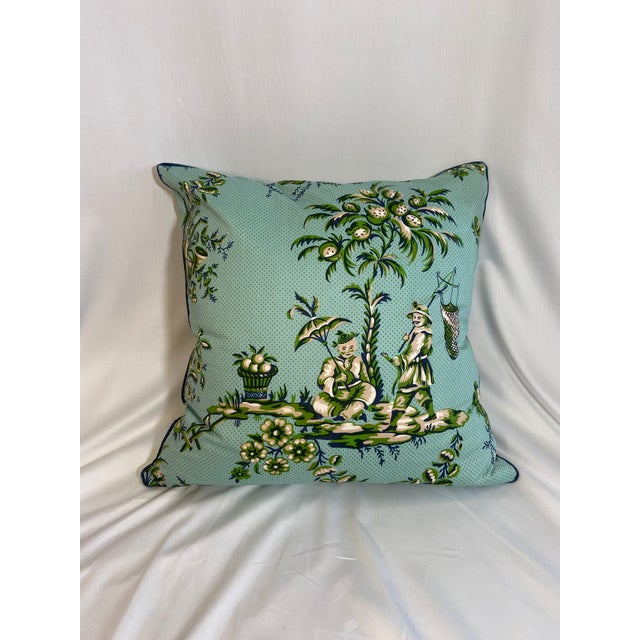 Blue & Green Chinoiserie Pillow With Navy MicroWelt Chairish