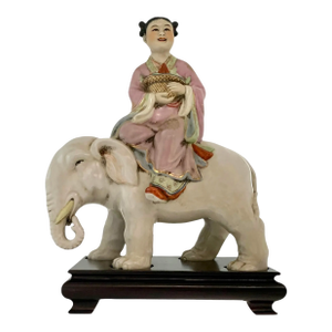 Late 20th Century Figurine Lady on Elephant Oriental Porcelain on Wooden Base China Folk Figure