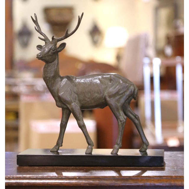 French Early 20th Century French Spelter Stag Sculpture on Marble Base Signed M. Leducq For Sale - Image 3 of 10