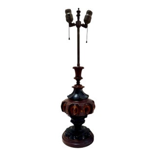 Vintage Inlaid Turned Wood Table Lamp Base Geometric Marquetry For Sale