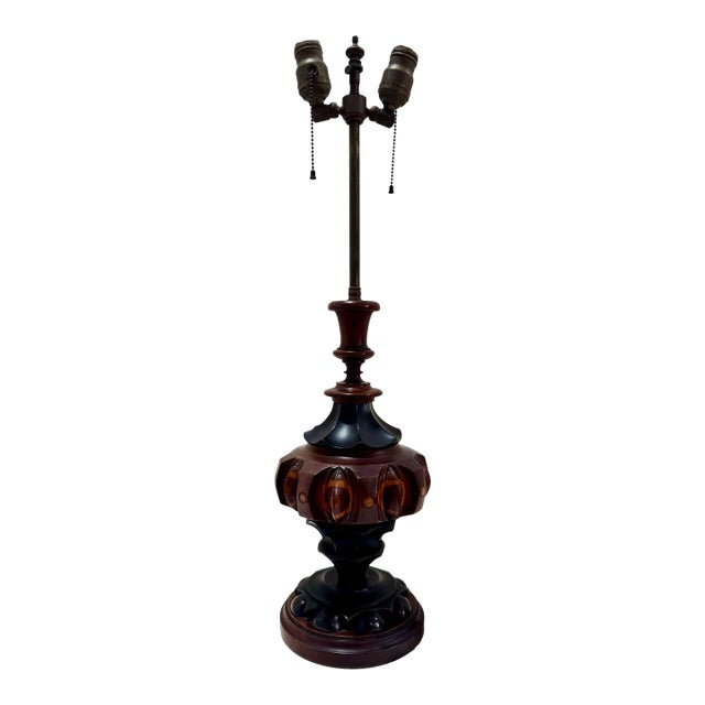 Vintage Inlaid Turned Wood Table Lamp Base Geometric Marquetry For Sale