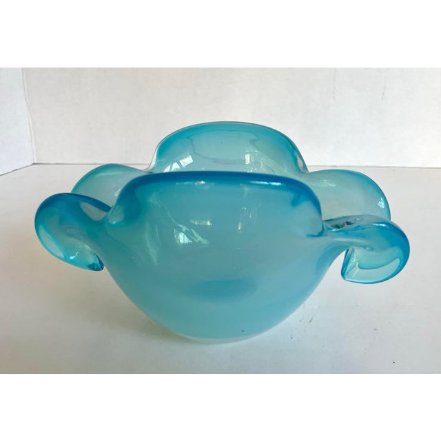 Glass Vintage Hand-Blown Aqua Opaline Art Glass Sculptural Bowl For Sale - Image 7 of 8