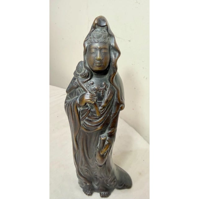 Antique 19th Century Chinese Heavy Cast Bronze Guanyin Statue Sculpture Figure For Sale - Image 4 of 12