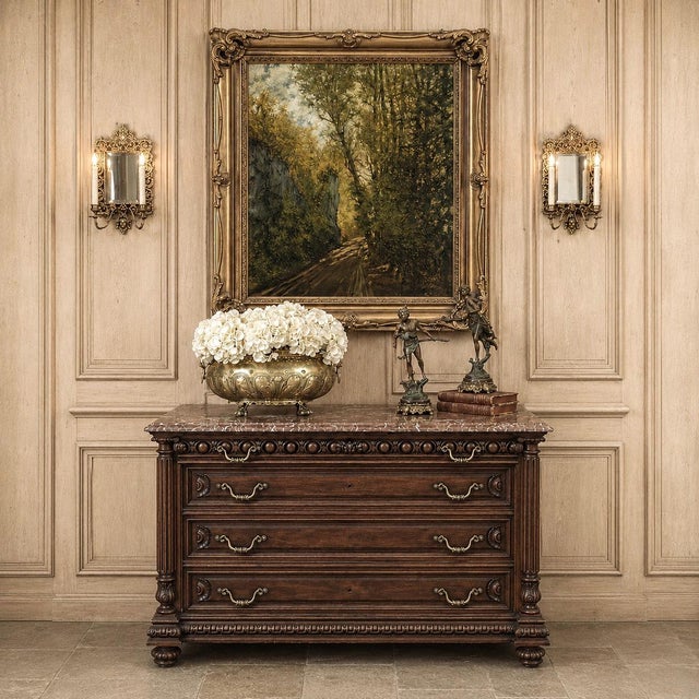 19th Century French Henry II Neoclassical Walnut Commode with Rouge Marble is distinguished by its richly patinated...