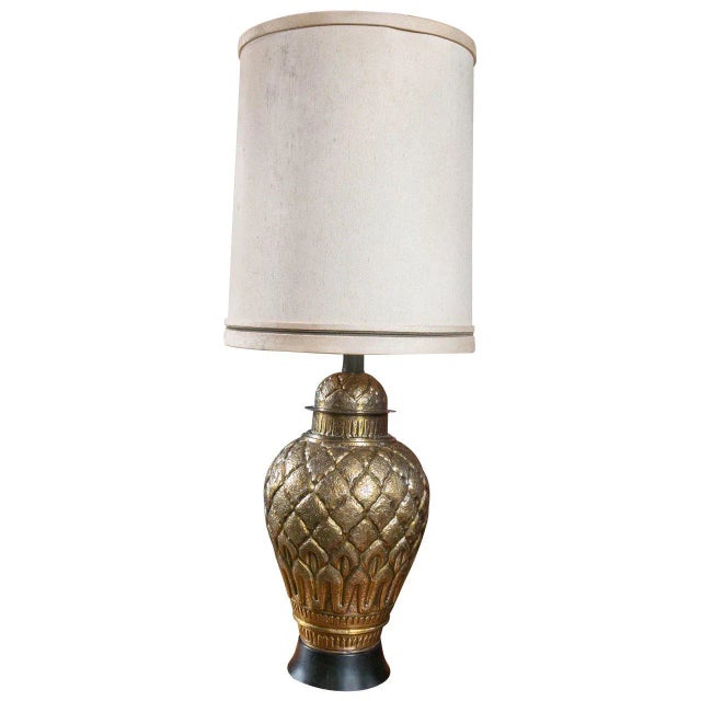 Swinging 1960s Mabro lamp. Base is 8.5" diameter. 38" high to top of socket.