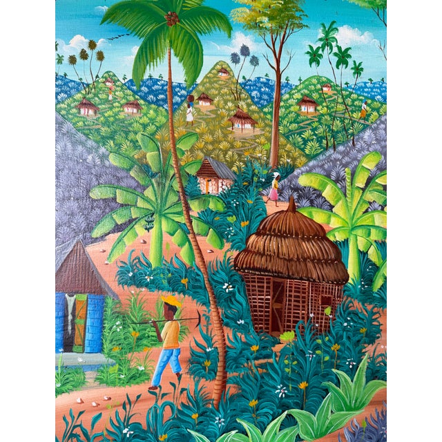 Vintage Michelet Haitian Folk Art Tropical Village Scene Landscape Oil Painting – Framed For Sale - Image 9 of 16
