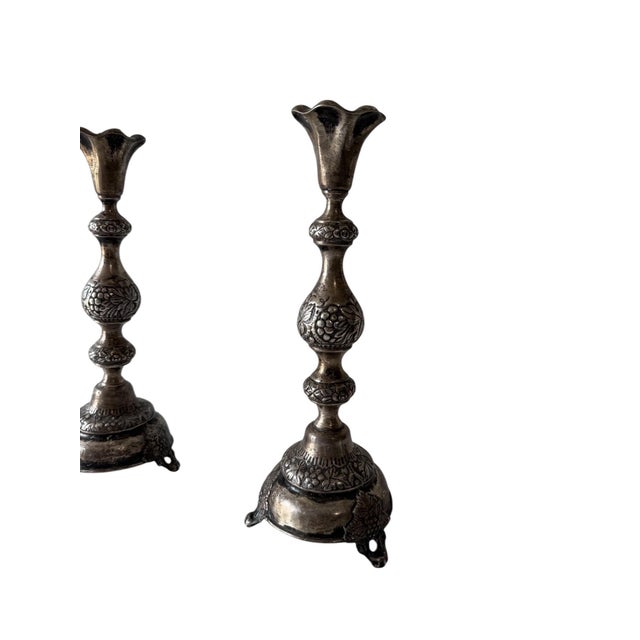 Rococo Rare 19th C. Antique Silver Judaica Shabbat Candlesticks Polish Szekman For Sale - Image 3 of 18