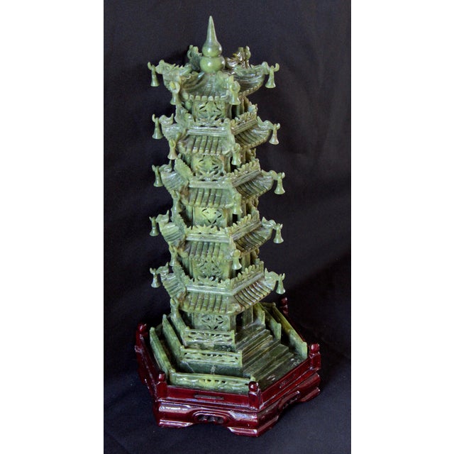 1940s Vintage Chinese Jade Pagoda Sculpture – Hand-Carved Multi-Tier Celadon Green Temple Tower, Asian Feng Shui Decorative Stone Figurine on Red Wood Stand For Sale - Image 5 of 17