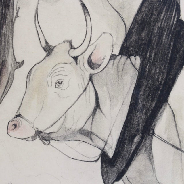 Germaine Hageman, Idyllic Landscape with Ox and Figures, 1940s, Pencil and Gouache on Paper, Framed For Sale - Image 11 of 17