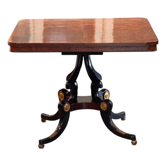 Early 19th Century Regency Burled Walnut Table With Ebonized and Gilt Base For Sale