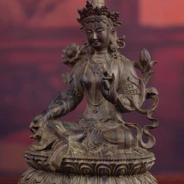 Wood Chinese Vintage Wood Carving Sitting Green Tara Buddha Statue For Sale - Image 7 of 7
