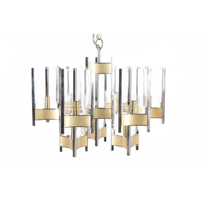 Chandelier with glass shades, designed by Gaetano Sciolari. Great original condition. European Plug (up to 250V).The...