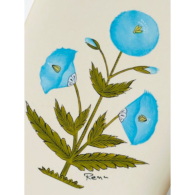 Contemporary Hand-Painted Jaipuri Blue and Green Floral Motif Painting in Hand-Painted Frame For Sale - Image 3 of 3