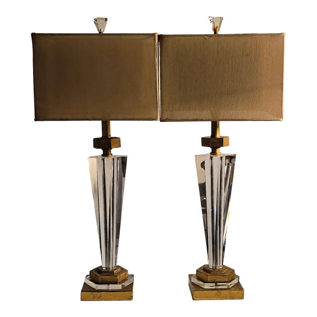 Alexander John Crystal Lamps With Gold Linen Shades - a Pair For Sale