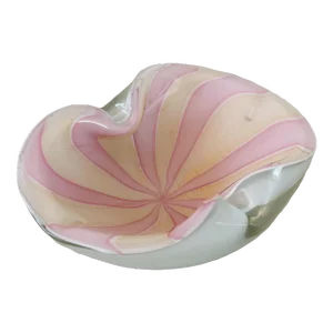 Mid-Century Murano Glass Candy Dish in Peach and Pink Pinwheel Stripes With White