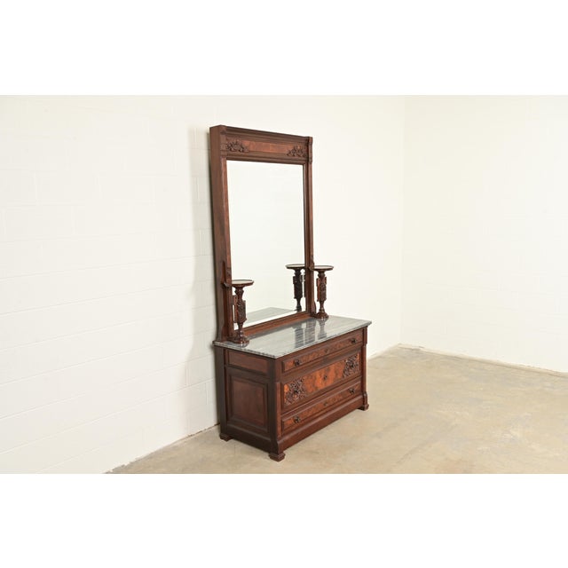 Herter Brothers Bernheimer Collection Antique Monumental Eastlake Victorian Burled Walnut and Marble Top Vanity or Dressing Table With Mirror, Circa 1880s For Sale - Image 4 of 18