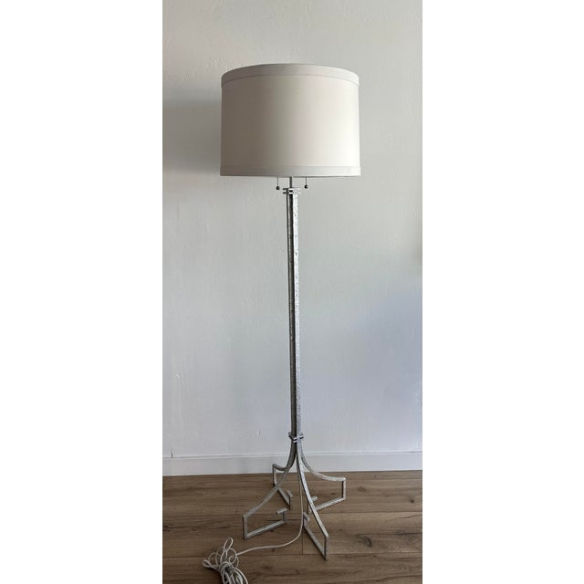 Vintage John Richard heavy silver floor lamp with Greek key details with a silk shade and silver interior. Excellent...