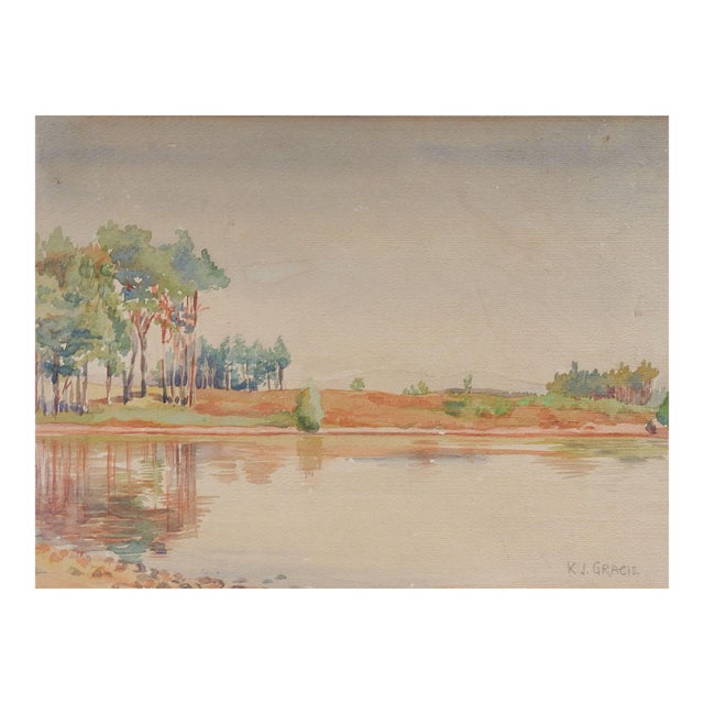 Early 20th Century Lake View Landscape Watercolor Painting For Sale